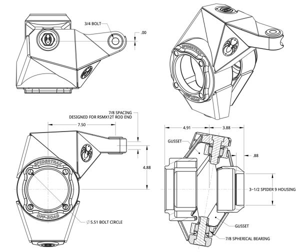 Spidertrax Ultimate Knuckle (3.5 in.) Chromoly, Standard Steering – technical detail 1