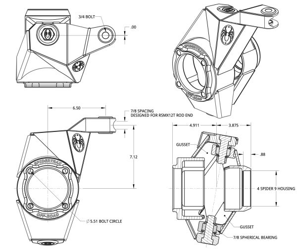 Spidertrax Ultimate Knuckle (4 in.) Chromoly, High Steering – technical detail 1