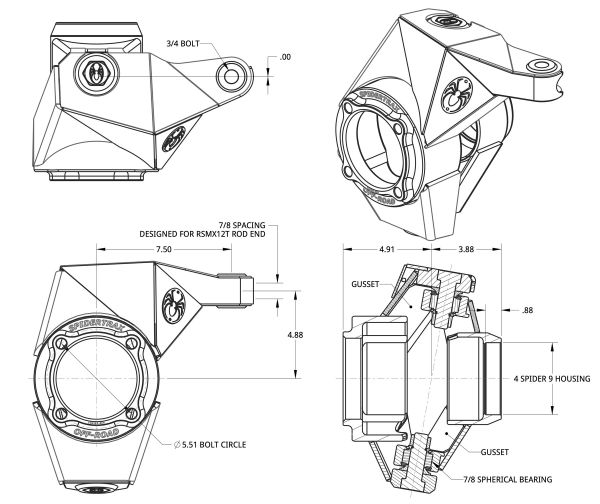 Spidertrax Ultimate Knuckle (4 in.) Chromoly, Standard Steering – technical detail 1