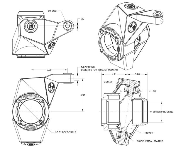 Spidertrax Ultimate Knuckle (4 in.) Chromoly, Mid Steering – technical detail 1