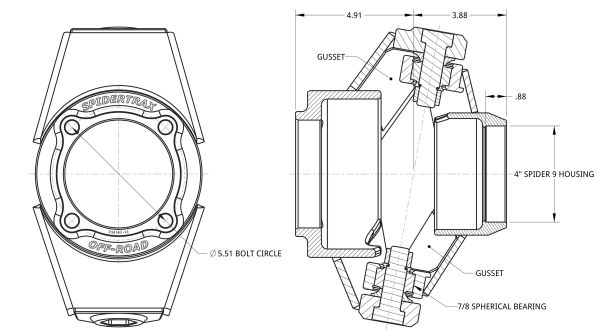 Spidertrax Ultimate Knuckle (4 in.) Chromoly, No Steer Arms – technical detail 1