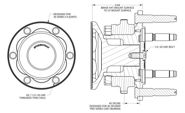 Spidertrax Series 30 Stub Shafts 45 Splined – technische Darstellung 1